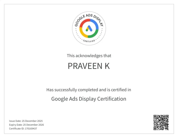 another certificate GOOGLE ADS DISPLAY CERTIFICATE OF FREELANCE DIGITAL MARKETER IN PALAKKAD IS PROFESSIONAL