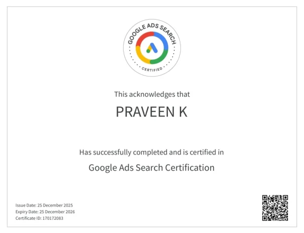 this is my new certificate,GOOGLE ADS SEARCH CERTIFICATE OF FREELANCE DIGITAL MARKETER IN PALAKKAD IS SMART