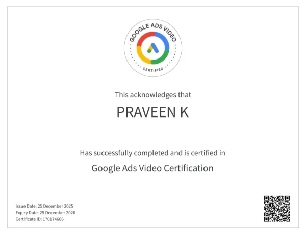 this is a video certificate,GOOGLE ADS VIDEO CERTIFICATE OF FREELNACE DIGITAL MARKETER IN PALAKKAD IS BEST