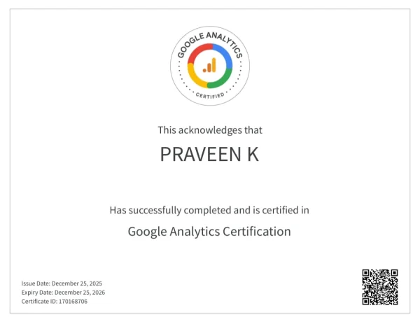 next important certificate ,GOOGLE ANALYTICS CERTIFICATE OF FREELANCE DIGITAL MARKETER IN PALAKKAD IS PERFECT
