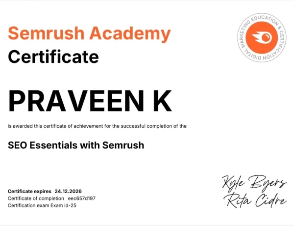 The important certificate,SEMRUSH SEO CERTIFICATE OF FREELANCE DIGITAL MARKETER IN PALAKKAD IS SIMPLE AND HUMBLE